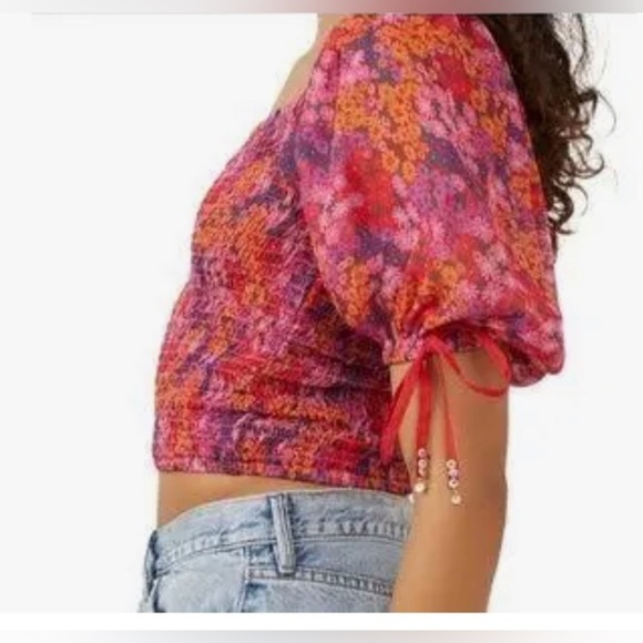 Free People Back on top Crop‎ smocked mesh floral back tie top size XS new - Picture 8 of 8